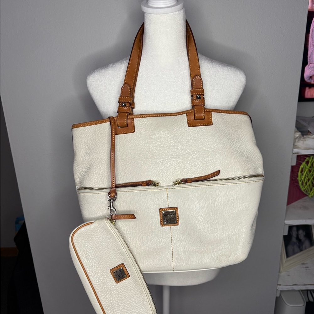 Dooney & Bourke Cream and Tan Leather Tote with Pouch
